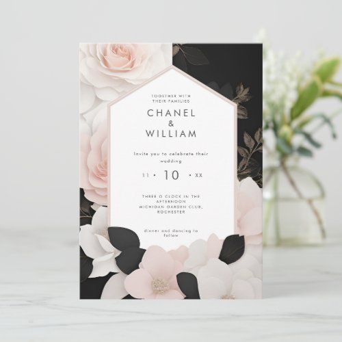 Chanel_inspired blush pink floral wedding invitation