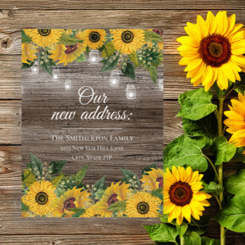 Change Address Rustic Wood Sunflowers String Light Announcement Postcard by ALittleSticky at Zazzle