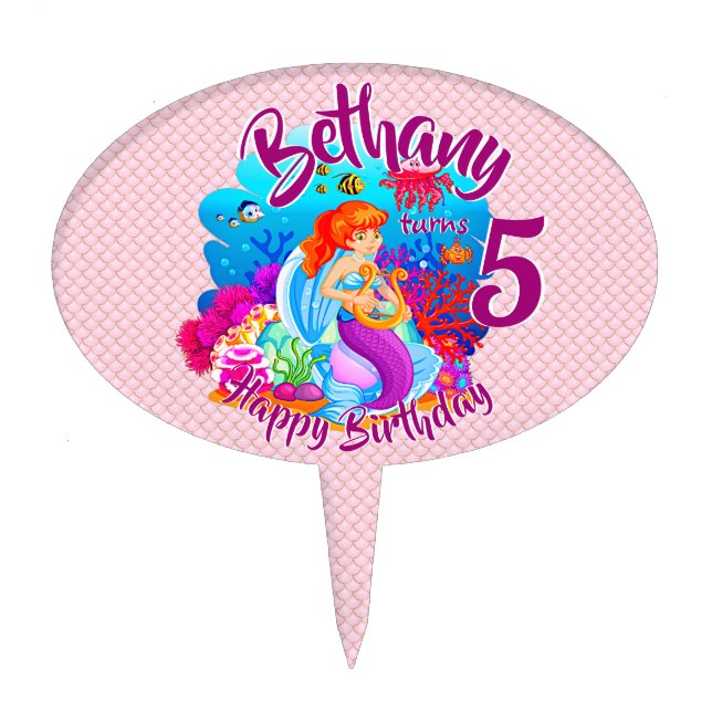 Change Age Name Mermaid Birthday Party Personalize Cake Topper (Front)