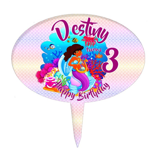 Change Age Name Mermaid Birthday Party Personalize Cake Topper (Front)