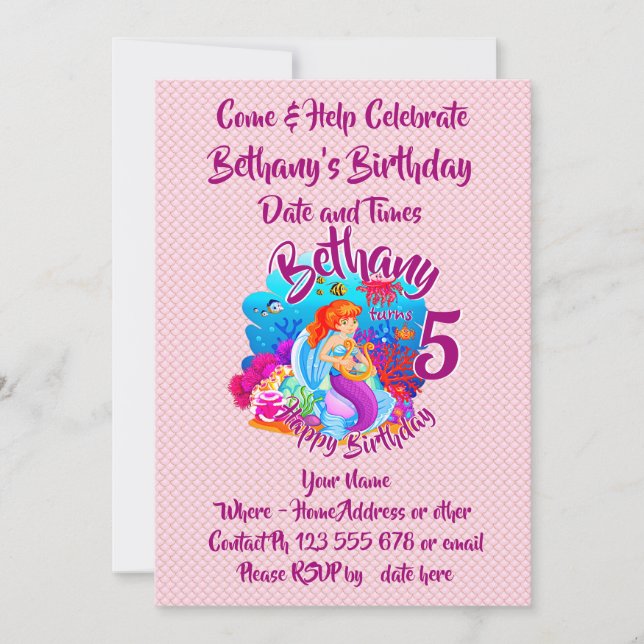 Change Age Name Mermaid Birthday Party Personalize Invitation (Front)