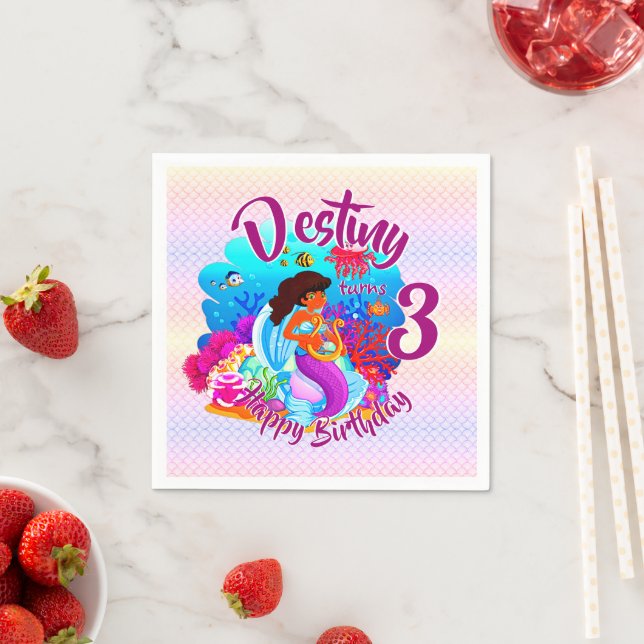 Change Age Name Mermaid Birthday Party Personalize Napkins (Insitu)