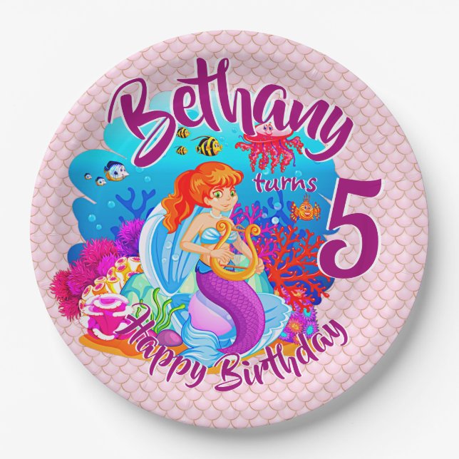 Change Age Name Mermaid Birthday Party Personalize Paper Plates (Front)