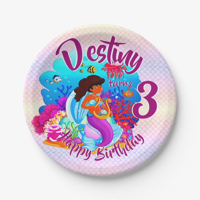 Change Age Name Mermaid Birthday Party Personalize Paper Plates (Front)
