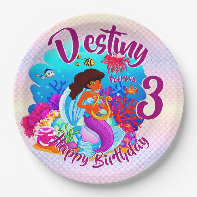 Change Age Name Mermaid Birthday Party Personalize Paper Plates (Front)