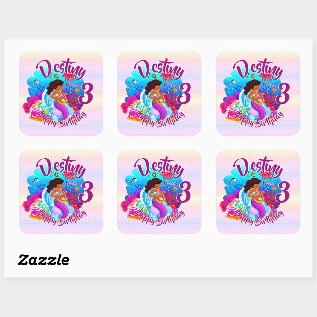 Change Age Name Mermaid Birthday Party Personalize Square Sticker (Sheet)