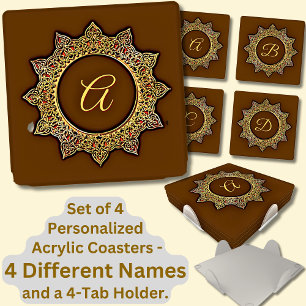 Change ALL Initials, Gold & Red Geometric on Brown Coaster Set