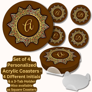 Change ALL Initials, Gold & Red Geometric on Brown Coaster Set