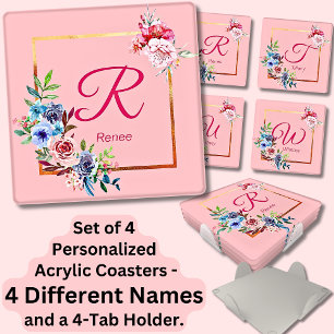 Change ALL Initials Names, Floral Pink Roses Coaster Set