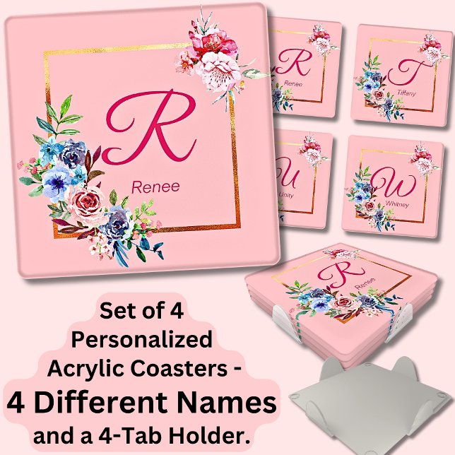 Change ALL Initials Names, Floral Pink Roses  Coaster Set (Creator Uploaded)