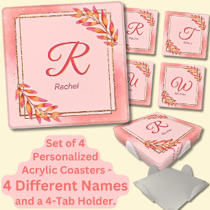 Change ALL Initials & Names, Pink & Gold Leaves Coaster Set