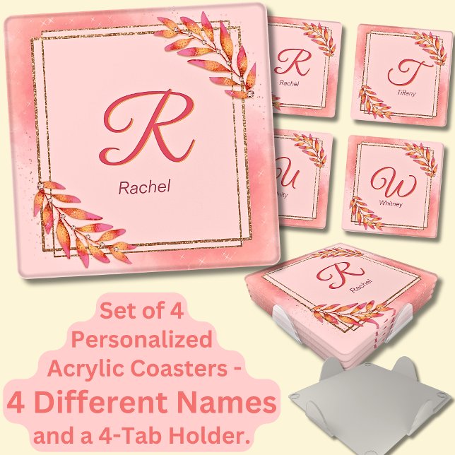 Change ALL Initials & Names, Pink & Gold  Leaves   Coaster Set (Creator Uploaded)