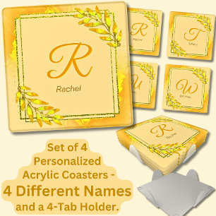 Change ALL Initials Names, Yellow Lemon Mustard    Coaster Set