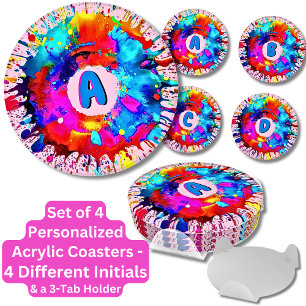 Change ALL Initials, Paint Splash Donut Round Coaster Set