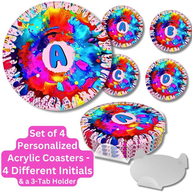 Change ALL Initials, Paint Splash Donut Round Coaster Set (Creator Uploaded)