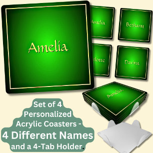 Change ALL Names, 3d Green with Golden Border Coaster Set