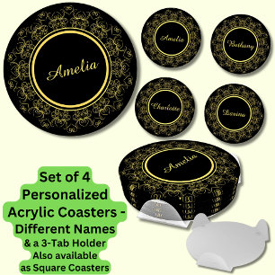 Change ALL Names, Gold Filigree Circle on Black Coaster Set