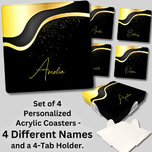 Change ALL Names, Gold Ribbon Design on Black Coaster Set