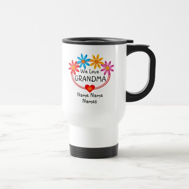 Change ALL Names Grandma Kids Names Flower Heart Travel Mug (Right)