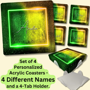 Change ALL Names, Green Gold Yellow Neon Square Coaster Set
