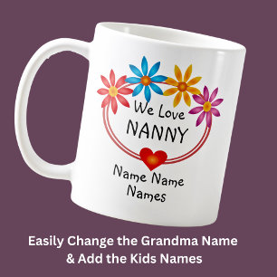 Change ALL Names Kids Names Nanny Flower Heart Coffee Mug