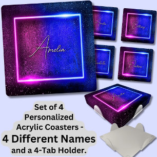 Change ALL Names, Mauve Blue Neon Square Coaster Set