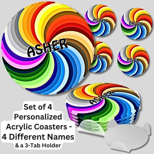 Change ALL Names Multicolor Swirl  Set 4 Round Coaster Set
