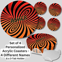Change ALL Names, Orange Black Swirl  Set 4 Round