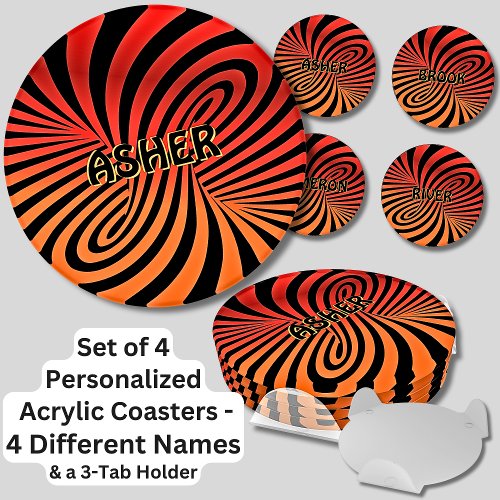 Change ALL Names Orange Black Swirl  Set 4 Round Coaster Set