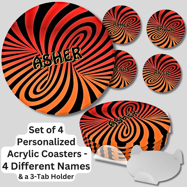 Change ALL Names, Orange Black Swirl  Set 4 Round Coaster Set (Creator Uploaded)