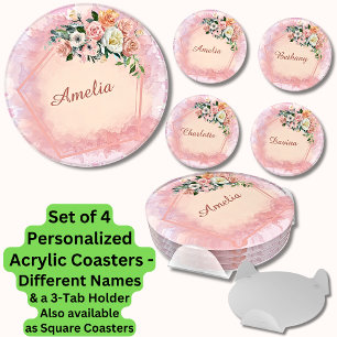 Change ALL Names, Pink Watercolor Flowers Roses Coaster Set
