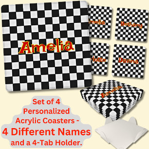 Change ALL Names, Retro Black White Checkerboard   Coaster Set
