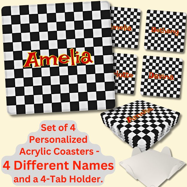 Change ALL Names, Retro Black White Checkerboard   Coaster Set (Creator Uploaded)