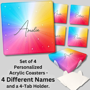 Change ALL Names, Soft Rainbow Sunburst Coaster Set