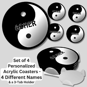 Change ALL Names, Yin Yang Black White Set 4 Round Coaster Set