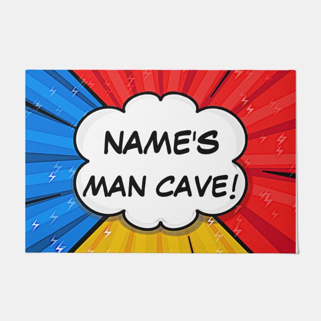 Change ALL Text Add Name Man Cave Comic Style Doormat (Front)