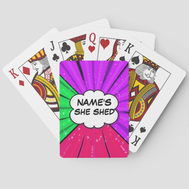 Change ALL Text Add Name She Shed Comic Pop Style  Poker Cards (Back)