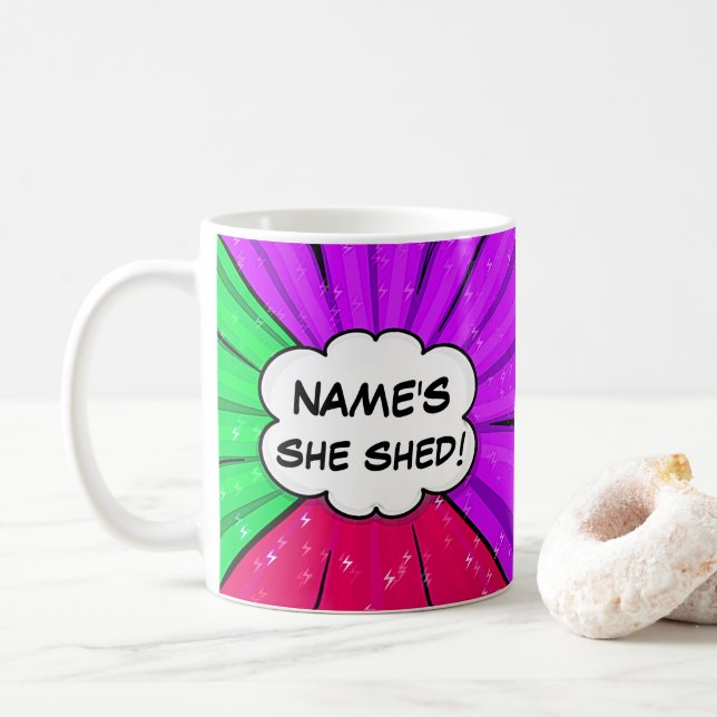 Change ALL Text Add Name She Shed Comic Style      Coffee Mug (With Donut)