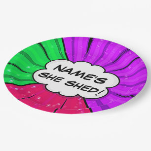 Change ALL Text Add Name She Shed Comic Style Paper Plates
