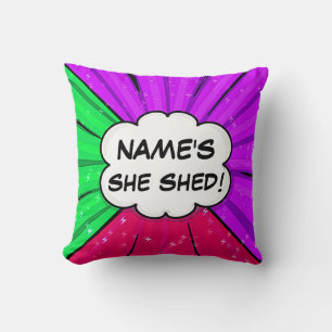 Change ALL Text Add Name She Shed Comic Style Throw Pillow