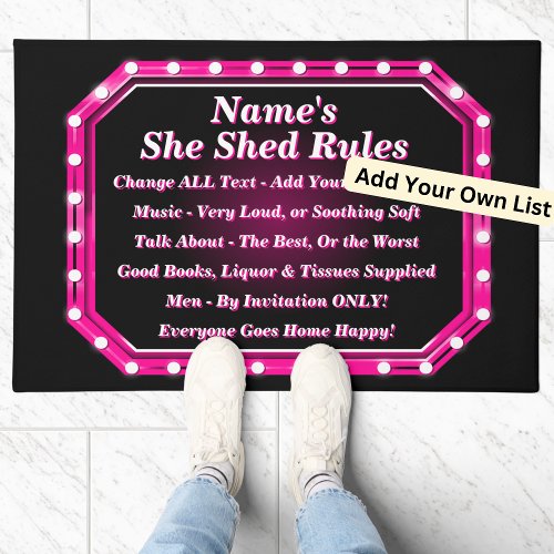 Change ALL Text Add Name She Shed Rules Pink Light Doormat