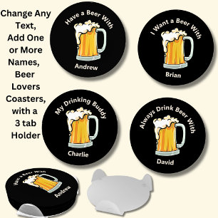 Change ALL Text, Add Names, Beer Stein Glass Mug Coaster Set