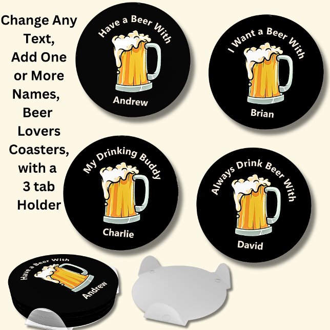 Change ALL Text,  Add Names, Beer Stein Glass Mug Coaster Set (Creator Uploaded)