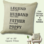 Change ANY Name Date Legend Husband Father Grand T Throw Pillow<br><div class="desc">Change any of the words,  years or add the dates - See my store for lots more Grandparent Gifts too!</div>