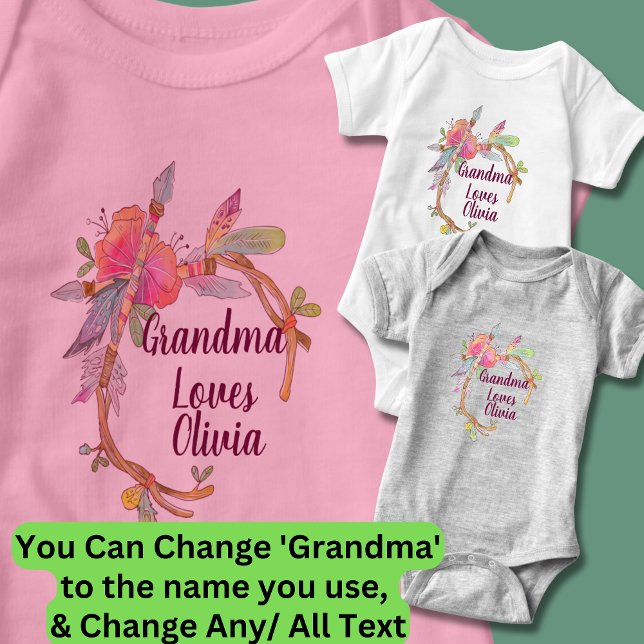 Change Any Text Grandmother Loves Grandchild Boho Baby Bodysuit (Creator Uploaded)