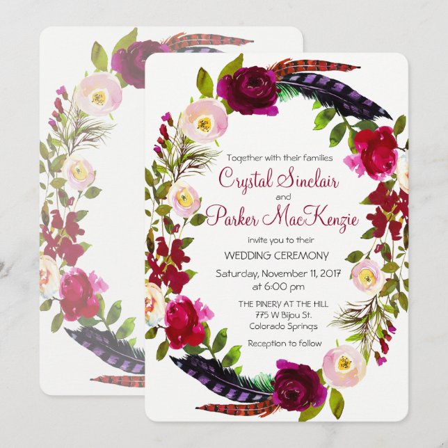 CHANGE COLOR - Burgundy Floral Wedding Invitation (Front/Back)