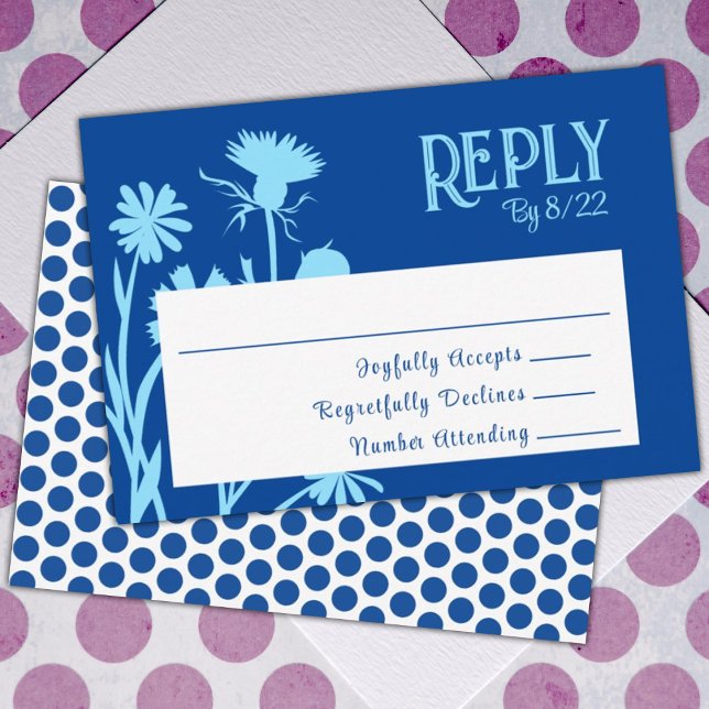 Change Colors of Blue Flowers RSVP Card (royal blue floral bat mitzvah reply rsvp enclosure card cute polka dots and flowers blue)