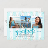 Change date graduation photo chic turquoise script invitation postcard (Front/Back)