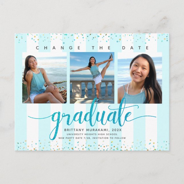 Change date graduation photo chic turquoise script invitation postcard (Front)