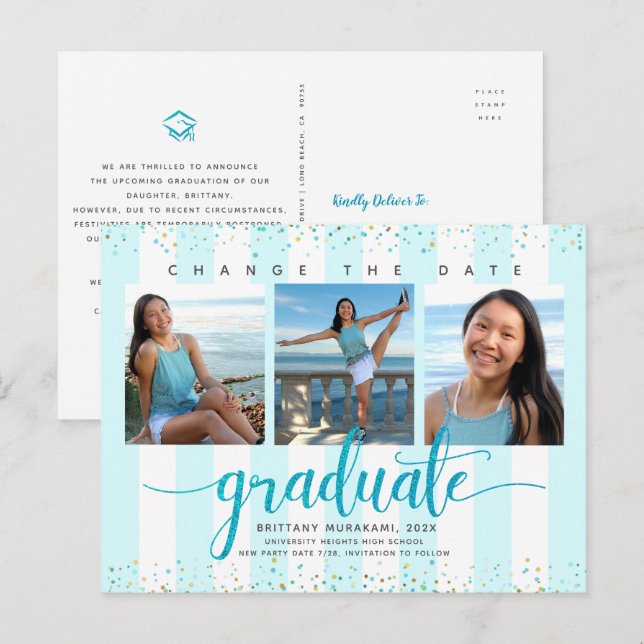 Change date graduation photo chic turquoise script invitation postcard (Front/Back)